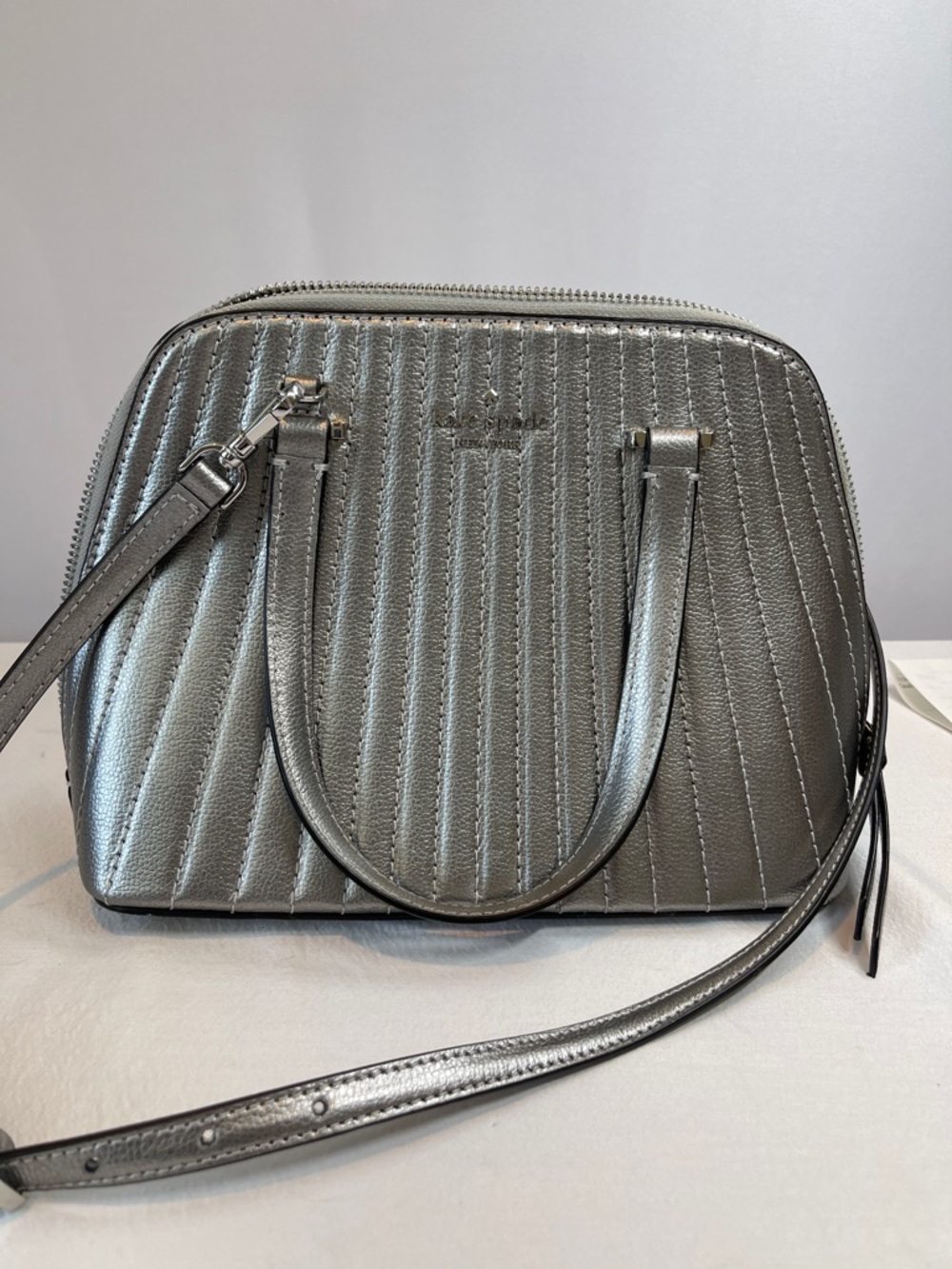 Kate Spade Patterson Drive Metallic Quilted Dome Satchel in Silver
